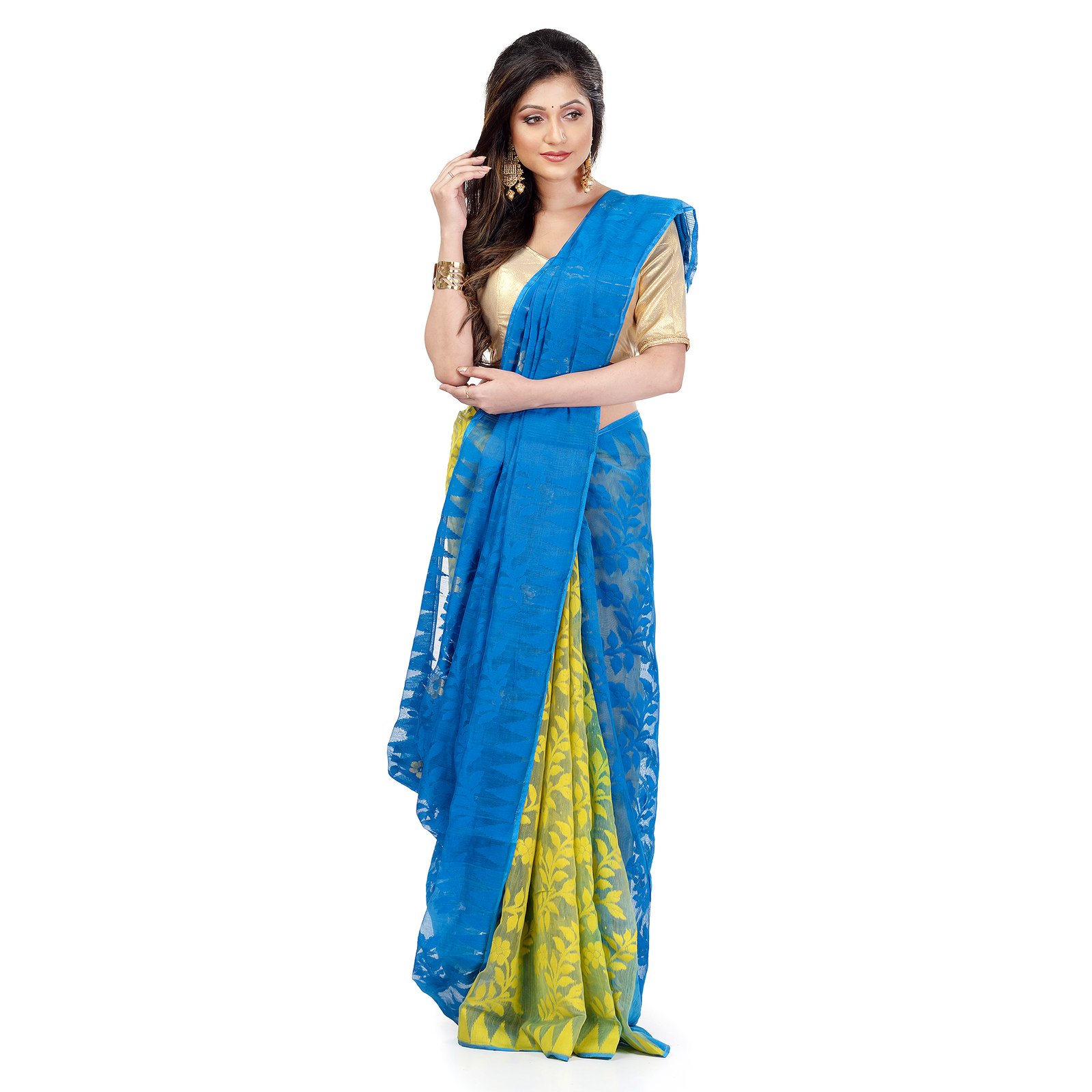 Desh Bidesh Women`s Traditional Bengal Handloom Tant Dhakai Jamdani Cotton Saree Whole Body Design(Blue Yellow)